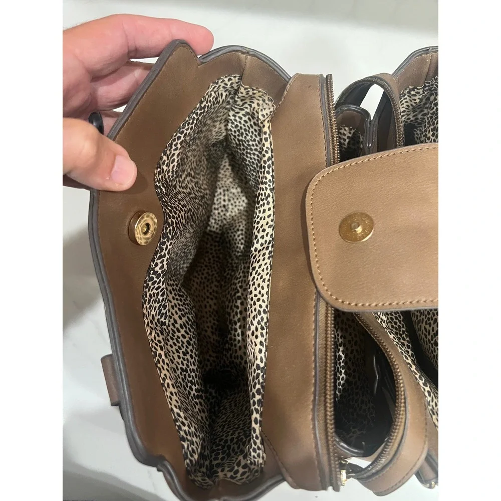 Brown Faux Leather Satchel Handbag Gold Hardware Cheetah Print Lining Tote Bag